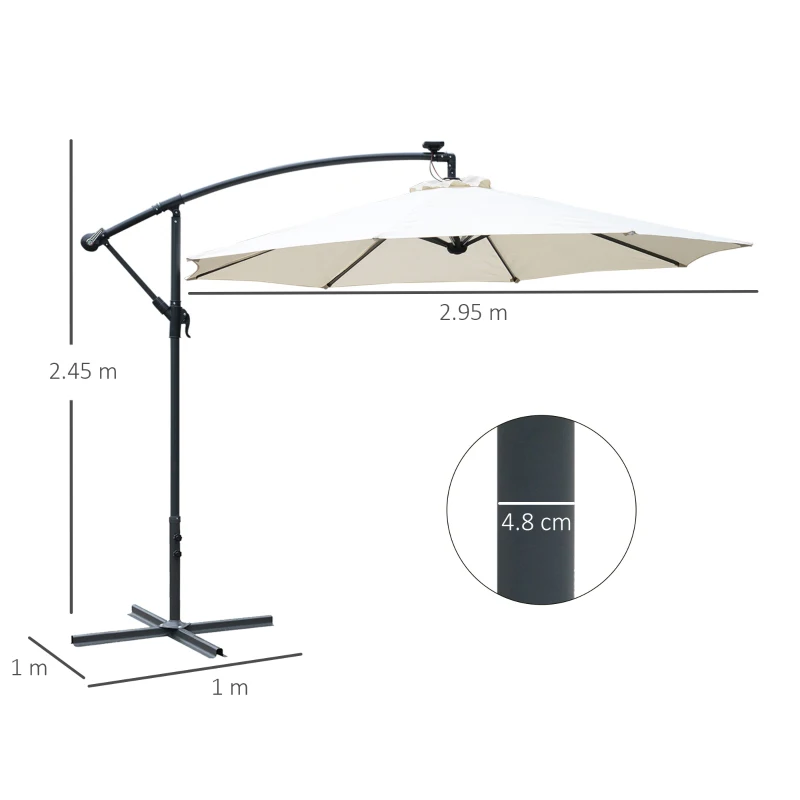 Outsunny Ombrellone da Giardino a Braccio 3x2.5 m con Manovella e 8 Strisce LED a Energia Solare, Crema