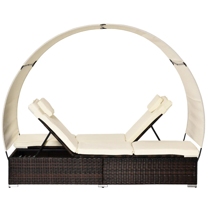 Outsunny Sdraio da Giardino Doppia con Tettuccio e Schienale 5 Reclinazioni, Lettino Prendisole in Rattan PE 196x137x31cm Bianco Crema