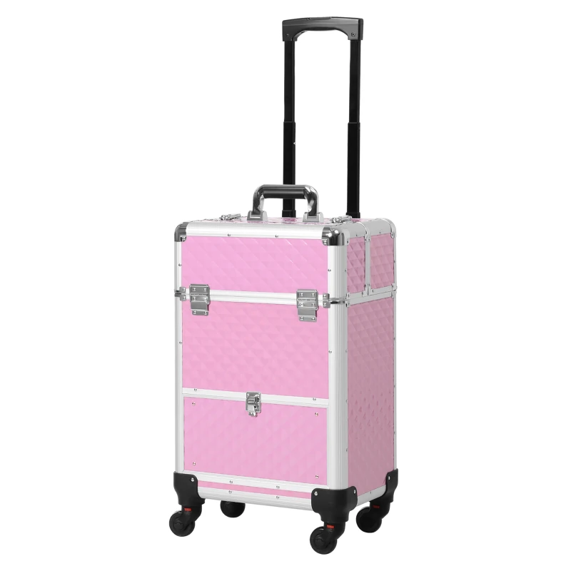 HOMCOM Maletín de Maquillaje Profesional con Cajón Maleta de Maquillaje con Ruedas para Viaje Trabajo 34x25x62 cm Rosa