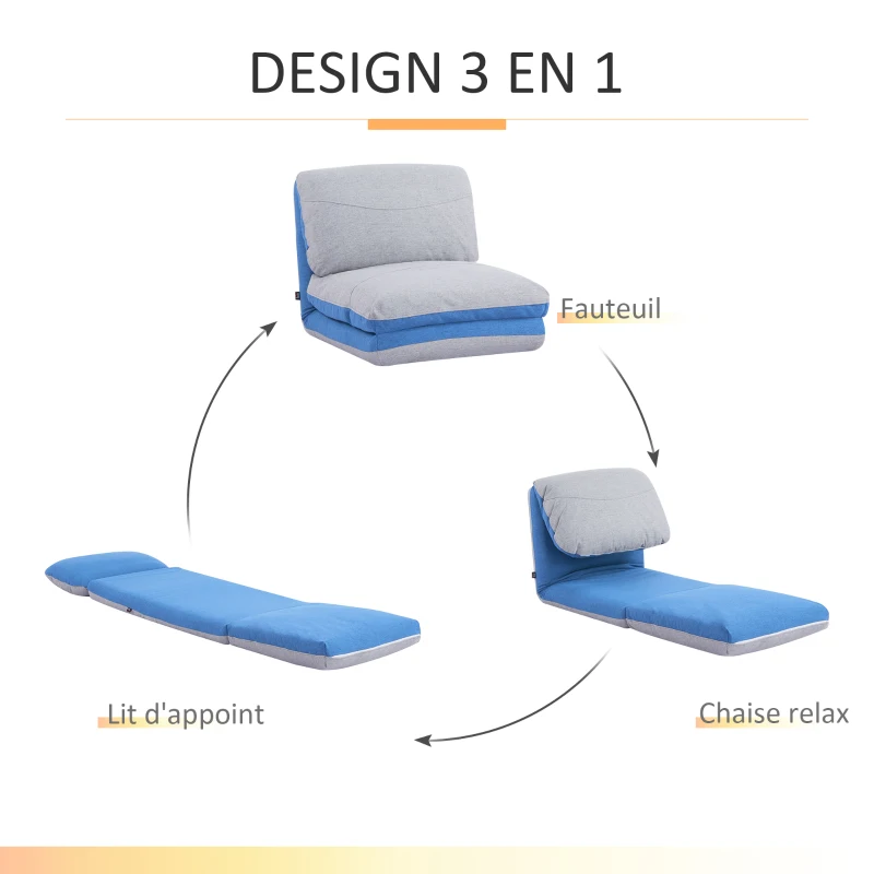 HOMCOM Chauffeuse - Matelas d'appoint Pliant - Fauteuil Convertible - Inclinaison Dossier réglable 5 Positions - Tissu Polyester Aspect Lin Gris Clair Bleu