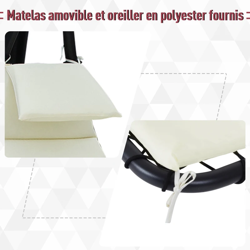 Outsunny Bain de Soleil transat Suspendu Chaise Suspendu Extérieur avec Pare-Soleil et Matelas Design Contemporain 194L x 117l x 192H cm Acier Polyester crème Noir