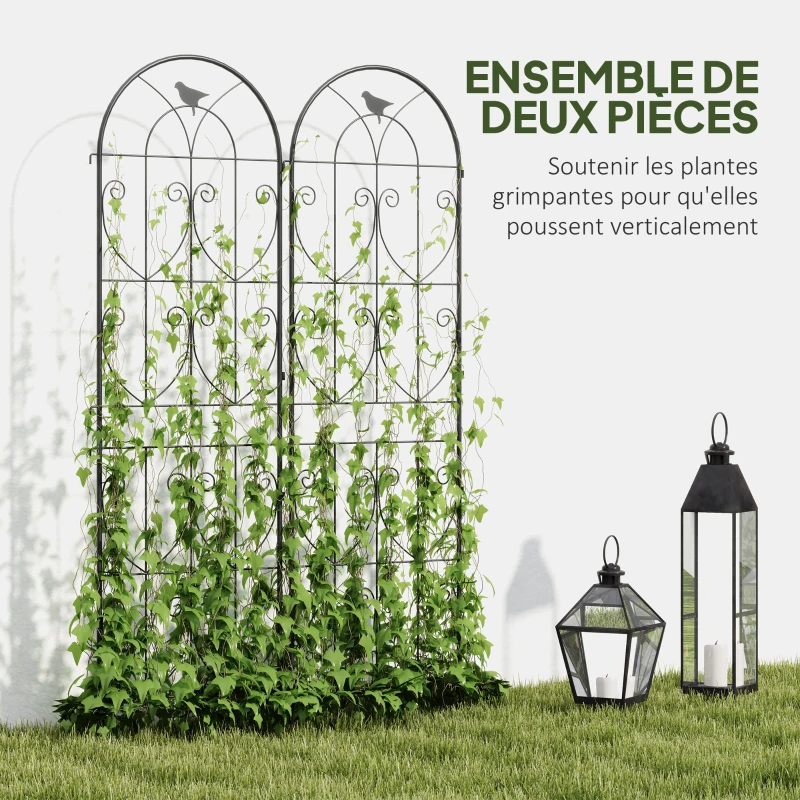 Outsunny Support pour plantes grimpantes avec oiseaux lot de 2 treillis de jardin pour légume vigne fleur métal 50 x 180 cm noir