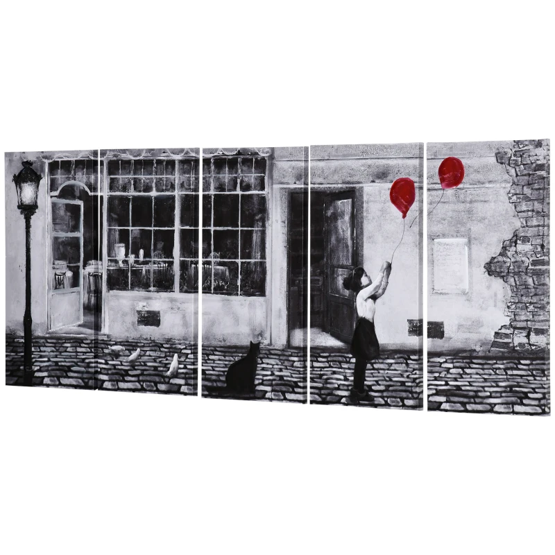 HOMCOM Stampa su Tela con Bambina, 80x40cm, 5 Pezzi per Casa e Ufficio, Tela in Legno di Pino e Vernice ad Acqua, Nero Bianco Rosso
