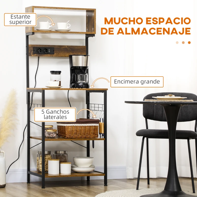 HOMCOM Estantería de Cocina Mueble para Microondas con Toma de Corriente 2 Cargadores USB 5 Ganchos 60x42x153 cm Marrón
