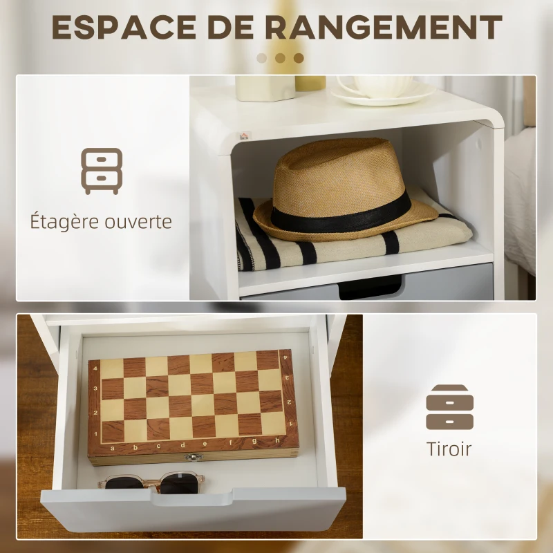 HOMCOM Table de Nuit Table de Chevet scandinave 40L x 38l x 58H cm tiroir + Niche en Bois Blanc Bleu Gris