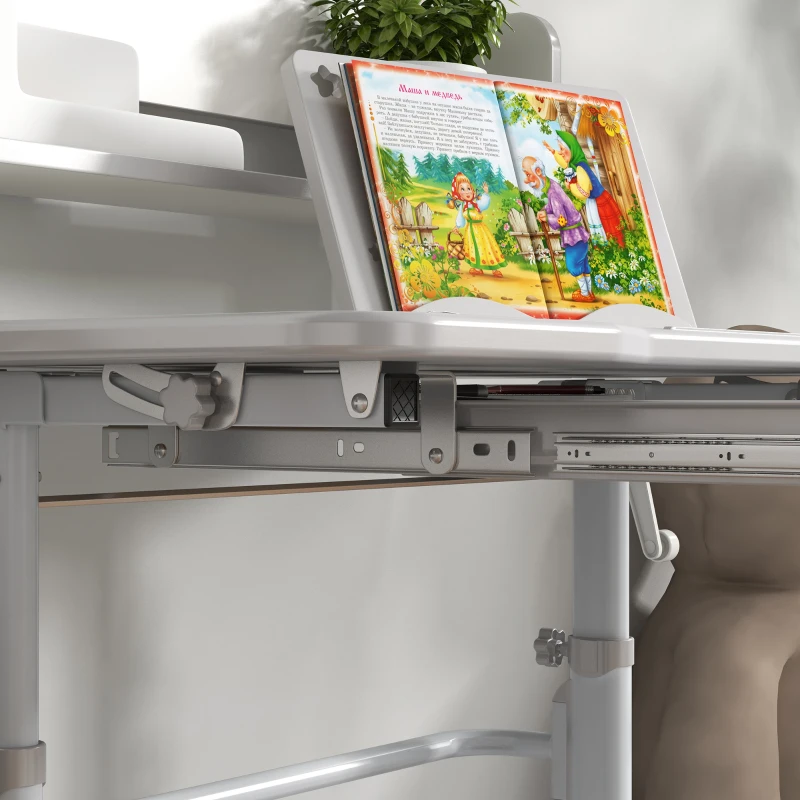 ZONEKIZ Bureau enfant avec chaise, hauteur réglable, étagère, tablette coulissante multi-rangement, gris blanc