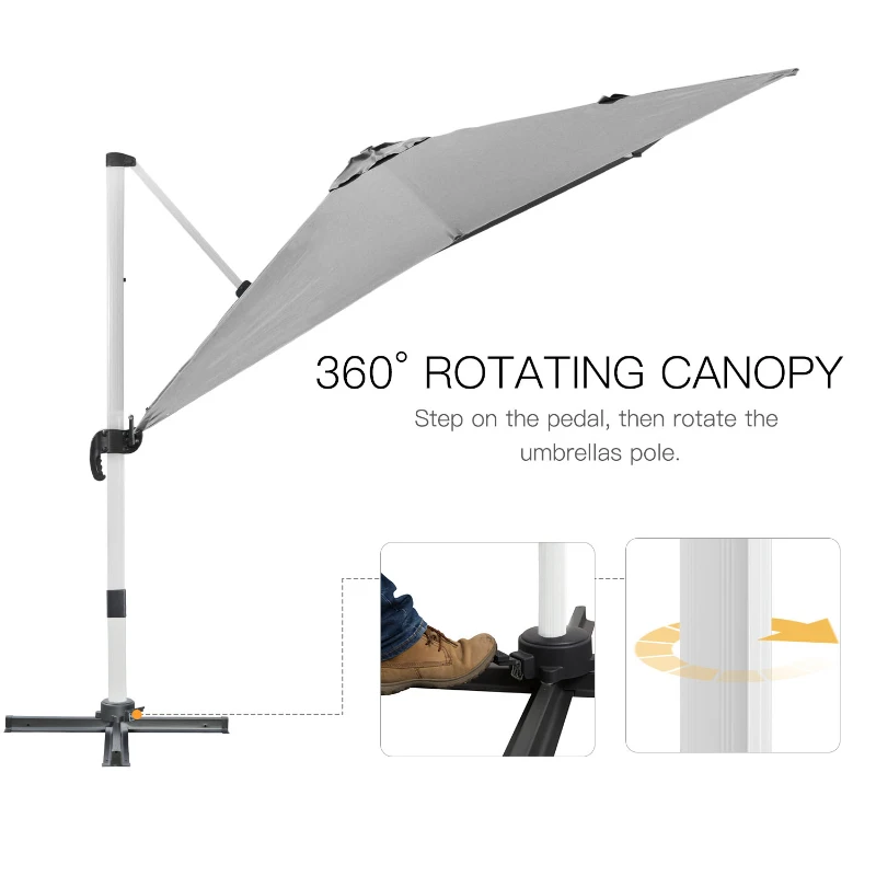 Outsunny 3 x 3(m) Cantilever Roma Parasol, Square Garden Umbrella with Cross Base, Crank Handle, Tilt, 360° Rotation and Aluminium Frame, Grey