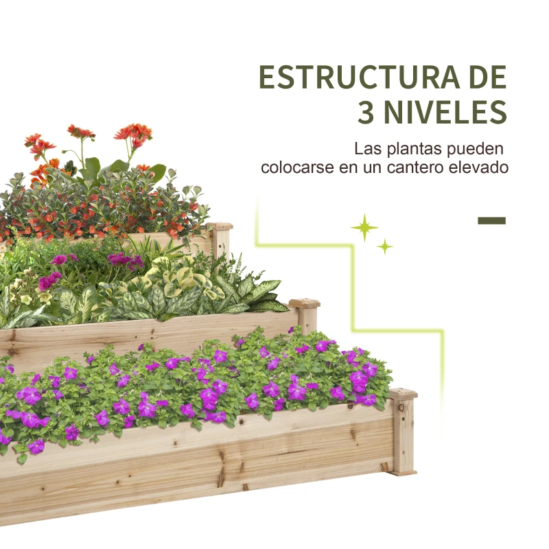 Outsunny Jardinera Exterior Grande de Madera de 3 Niveles con Diseño de Escalera 120x120x56 cm Natural