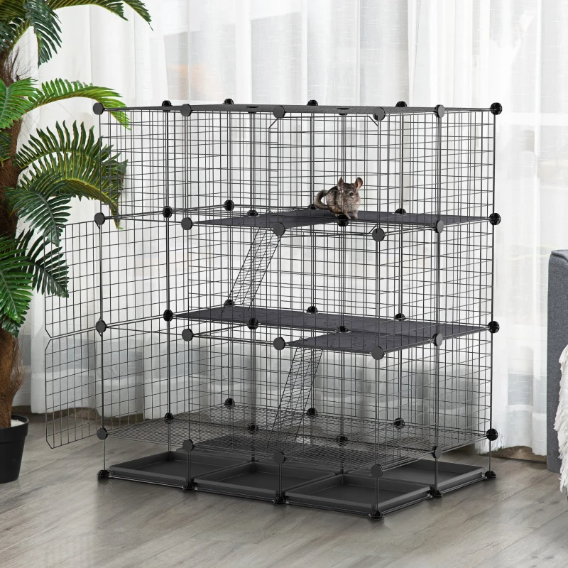 PawHut 3 Level DIY Pet Playpen Metal Small Animal Cage Rabbit Ferret Chinchillas Cage 4 Doors Bottom Trays Black