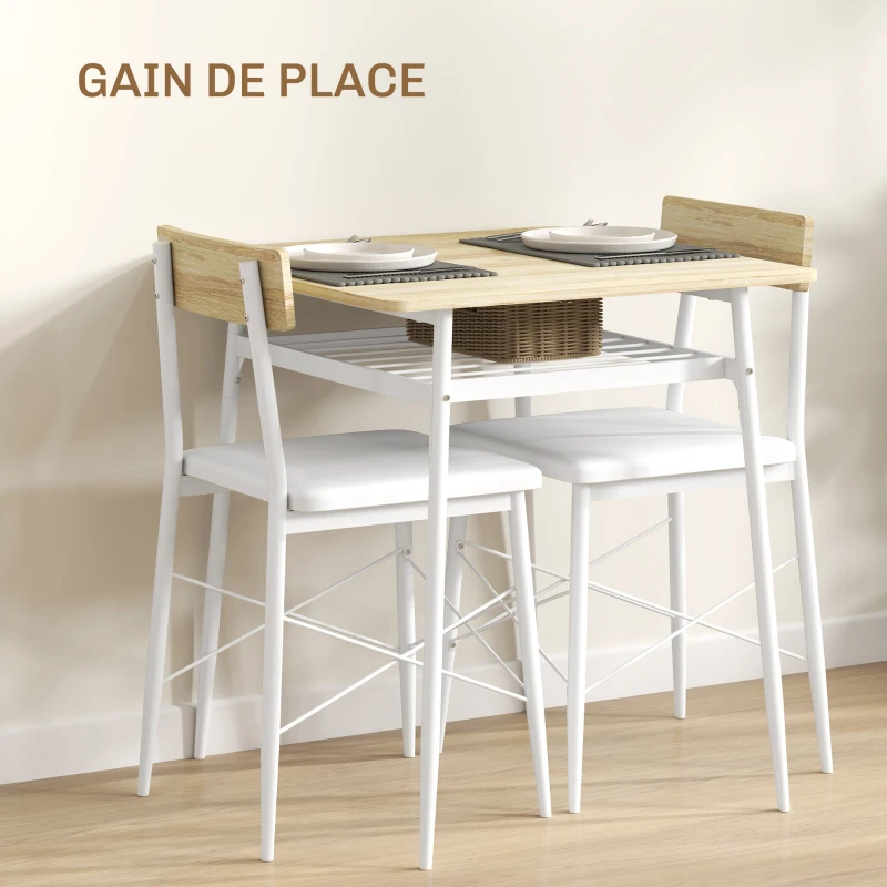HOMCOM Ensemble table et chaises, table de cuisine avec chaises, structure en acier, avec 2 chaises encastrables, blanc chêne
