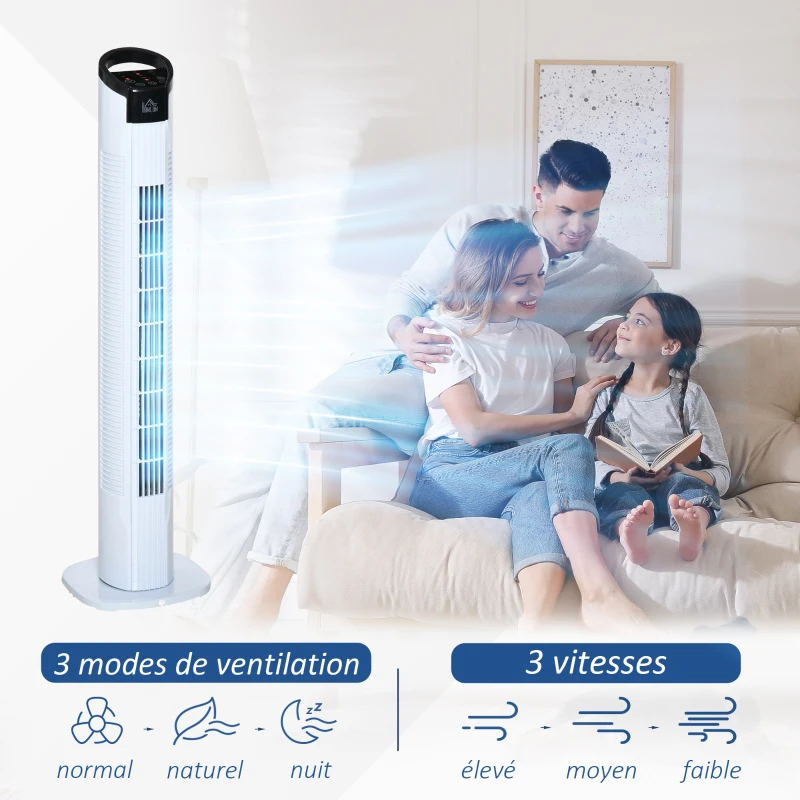 HOMCOM Ventilateur colonne silencieux 50W 3 modes 3 vitesses télécommande oscillant 70° minuterie contrôle tactile 78,5cm blanc