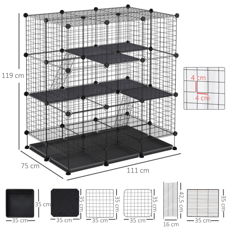 PawHut Cage parc enclos rongeurs modulable dim. L 111 x l 75 x H 119 cm 3 niveaux 4 portes fil métallique noir