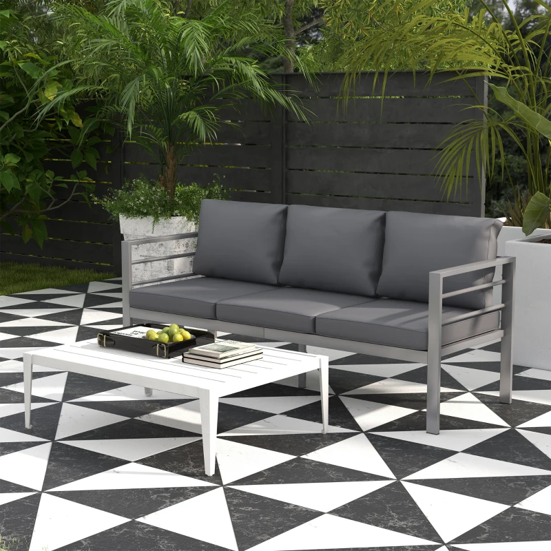 Outsunny Divano da Giardino 3 Posti con Cuscini per Seduta e Schienale, in Alluminio, 185x66x64 cm, Grigio