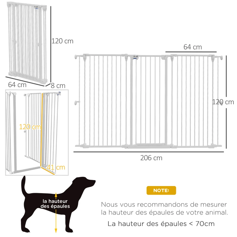 PawHut Barrière pour chien en acier à 3 panneaux pliante double verrouillage et porte intégrée pour porte et escalier blanc