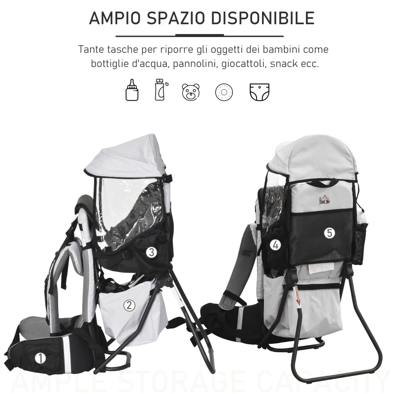 HOMCOM Zaino Porta Bimbo per Trekking, Pieghevole, Impermeabile e con Tettuccio Rimovibile 38x77x87.5cm, Grigio