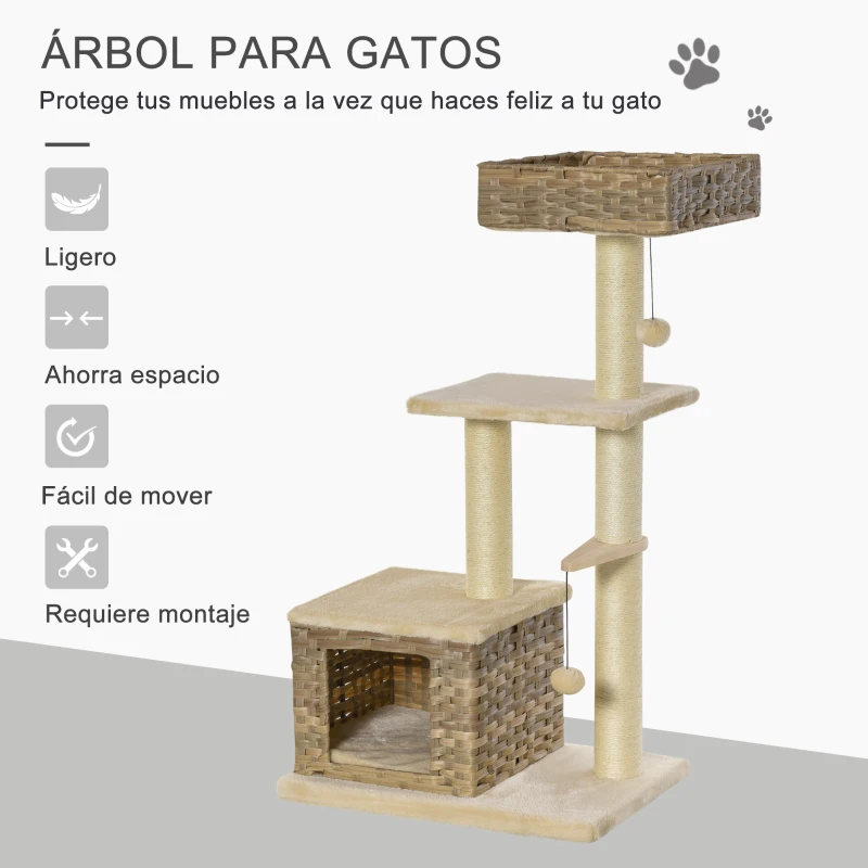 PawHut Rascador Árbol para Gatos 60x40x109 cm con Cueva de Ratán Cojín Plataformas Cama Bolas de Juego y Postes de Rascar de Sisal Natural Beige y Marrón