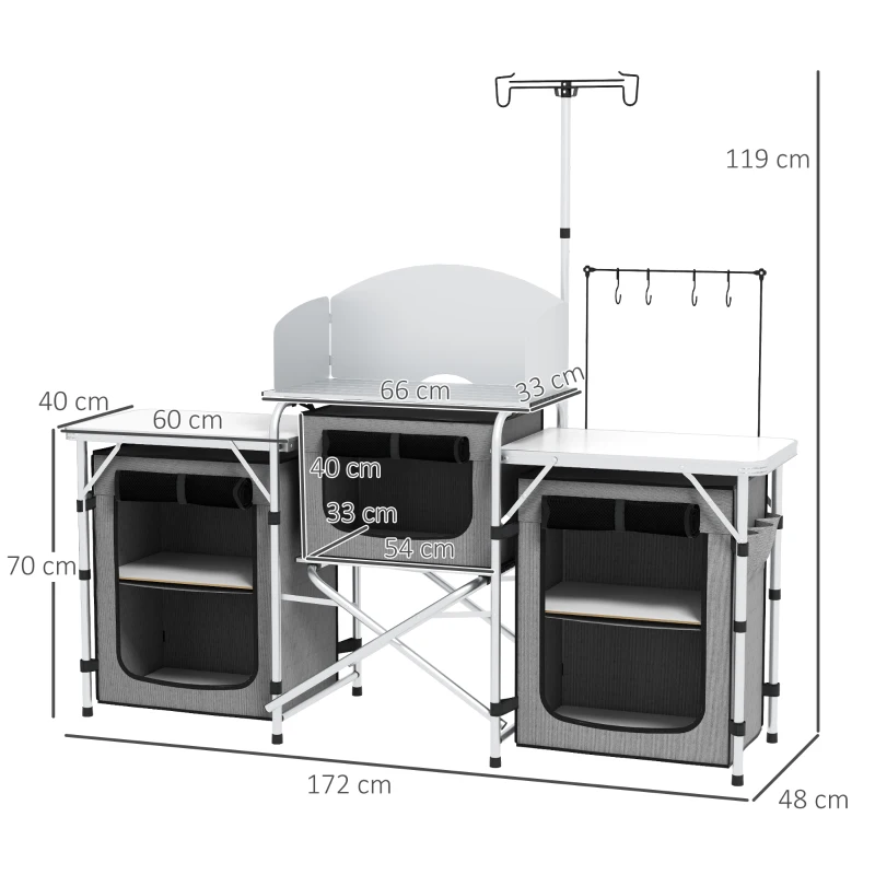 Outsunny Mueble de Cocina para Camping Plegable con 3 Mesas 4 Ganchos Poste de Luz y Bolsa de Transporte 172x48x119 cm Gris(m-3)