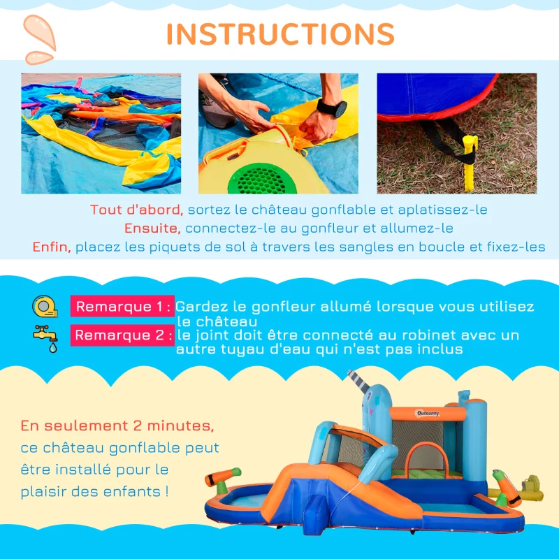 Outsunny Château gonflable aire de jeux avec toboggan trampoline piscines avec gonfleur 420 x 370 x 230 cm multicolore