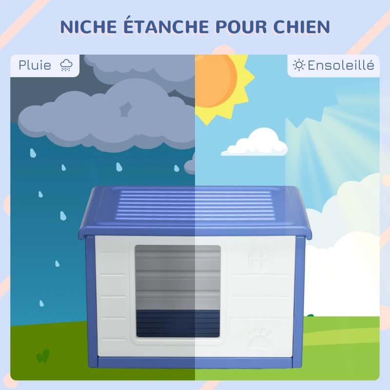 PawHut Niche pour chien extérieure en plastique maison pour chiens avec bouches d'aération bleu et blanc