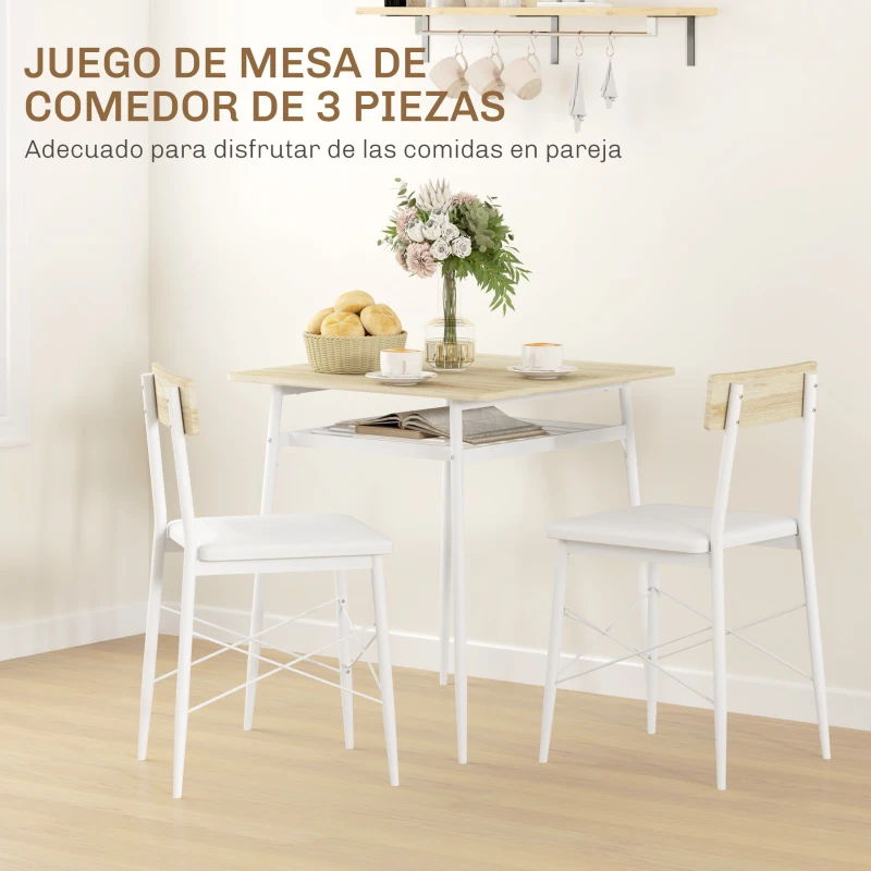 HOMCOM Conjunto de Mesa y Sillas de Comedor de 3 Piezas con Estante Abierto Estructura de Acero Blanco y Roble