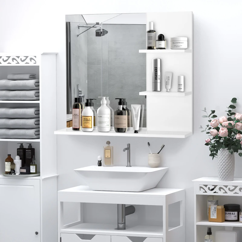 kleankin Modern Bathroom Mirror, Wall-mounted Vanity Mirror with 3 Tiers Storage Shelves for Make Up, White