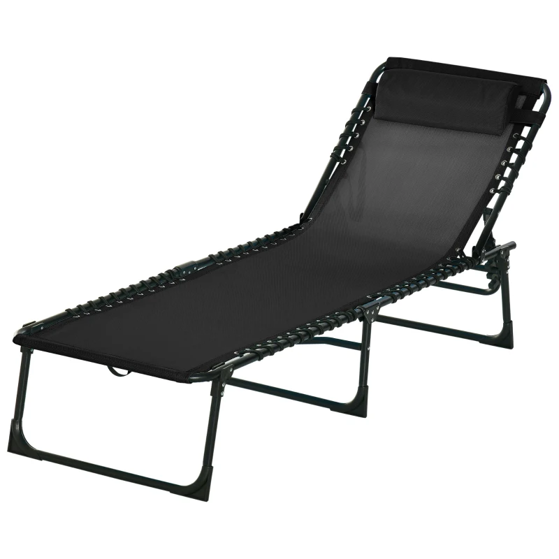 Outsunny Foldable Sun Lounger, Outdoor 4 Level Adjustable Backrest Reclining Chaise Chair, Steel Frame Recliner Chair for Camping, Hiking, Black