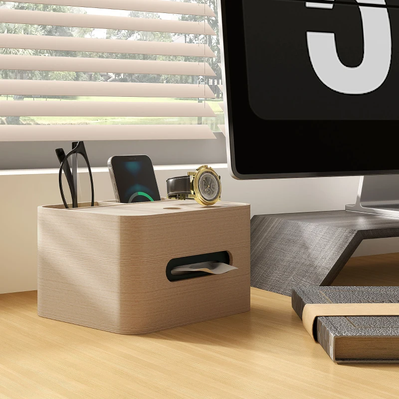 HOMCOM Organiseur de bureau rangement bureau multifonction avec 2 compartiments boîte à mouchoirs en bois naturel