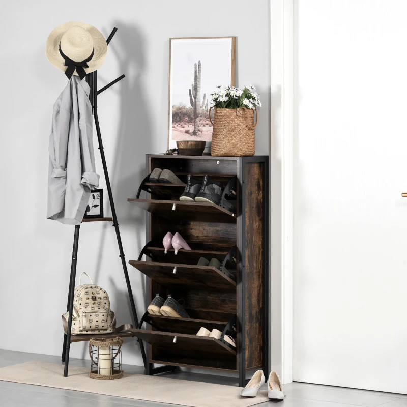 HOMCOM Mobile Scarpiera Salvaspazio Stile Industriale per 12 Paia di Scarpe, Legno e Metallo, 60x24x115cm Marrone e Nero