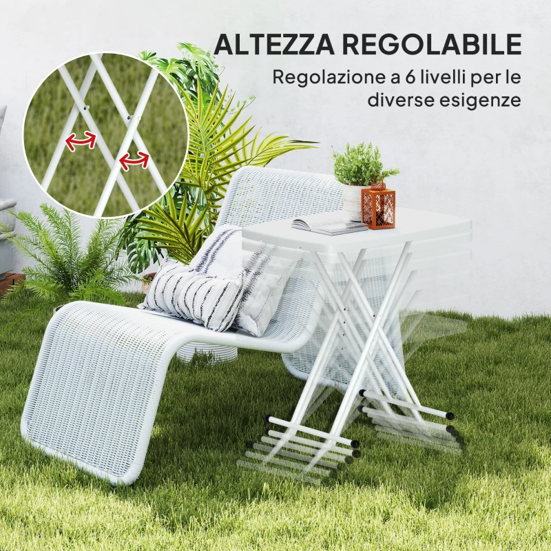 Outsunny Tavolino da Giardino Pieghevole con Altezza Regolabile, Metallo e HDPE, Bianco