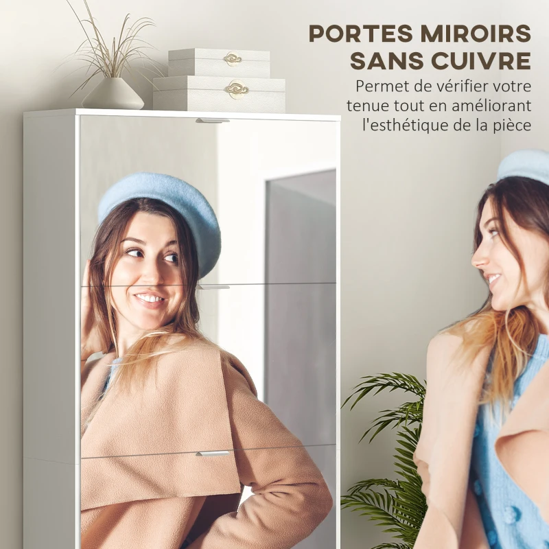 HOMCOM Meuble à chaussures 2 en 1 façades miroir 4 portes abattants, étagères réglables, jusqu'à 24 paires, 76l x 26P x 168H cm(m-4)
