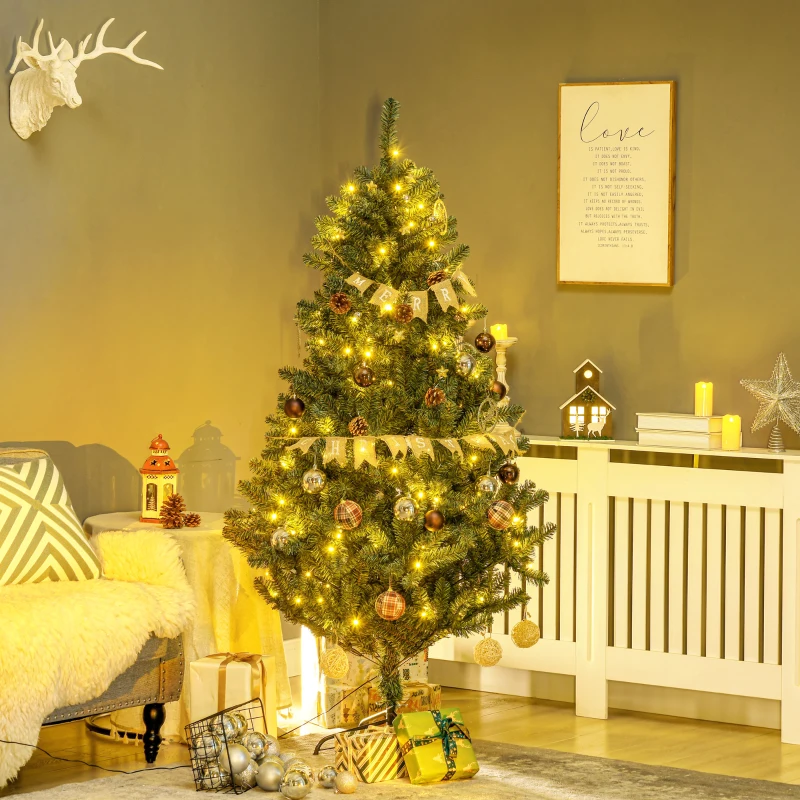 HOMCOM 6' Artificial Prelit Christmas Trees Holiday Décor with Warm White LED Lights, Decoration, Banner, Tag, Ball