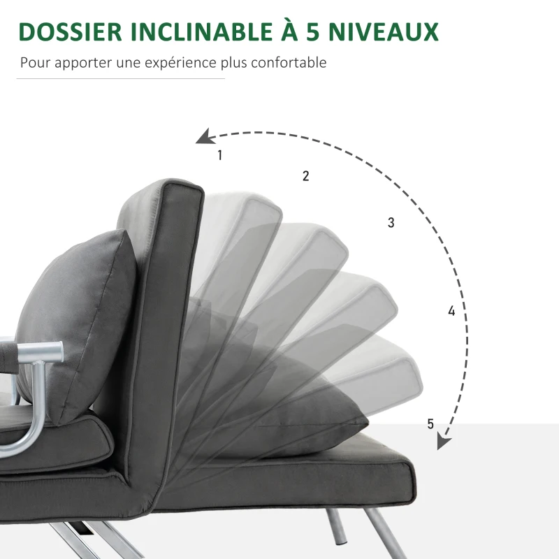 HOMCOM Fauteuil chauffeuse canapé-lit Convertible 1 Place déhoussable Grand Confort Coussin Pieds accoudoirs métal suède Gris