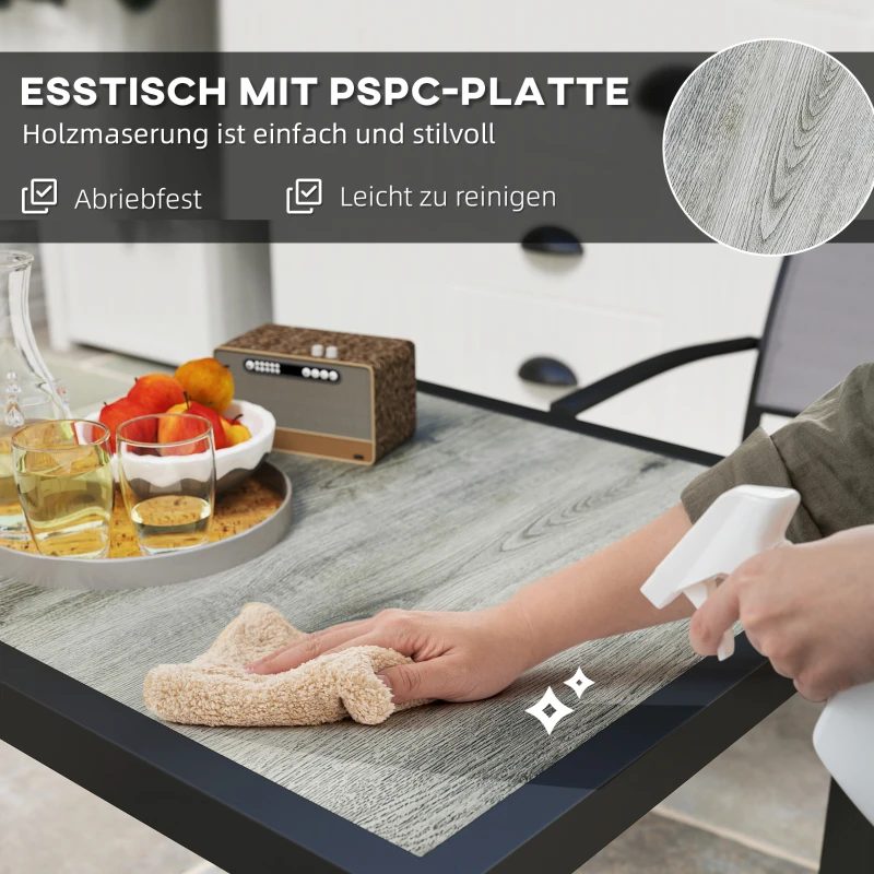 Outsunny 3-delige buiten eetset, Tafel in houtlook met 2 stoelen, weerbestendig, stalen frame, terrasmeubels, Grijs