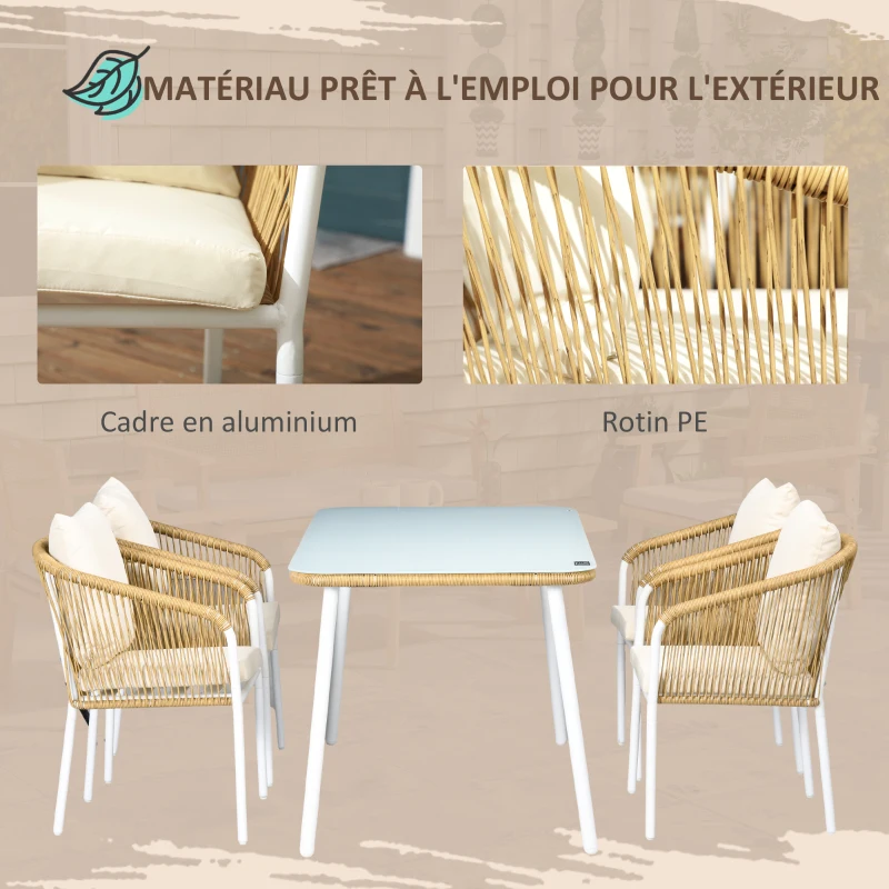 Outsunny Salon de Jardin 4 personnes en rotin PE avec chaises empilables et coussins, plateau en verre trempé cadre en aluminium