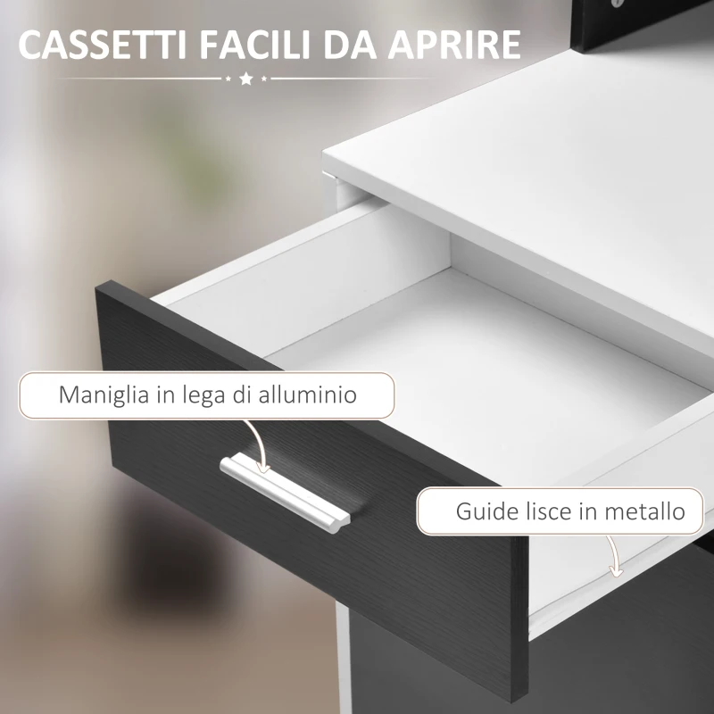 HOMCOM Scrivania per Ufficio con Ripiano Stampante, 2 Cassetti e 3 Mensole, in MDF Bianco e Nero, 137 x 55 x 92cm