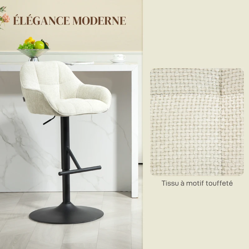 HOMCOM Lot de 2 tabourets de bar chaises de bar hauteur réglable tissu effet lin et base en acier 52,5 x 53 x 86,5-108 cm crème