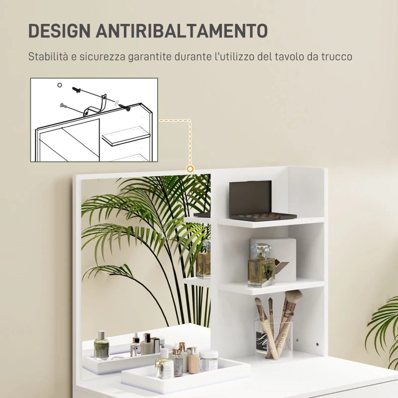 HOMCOM Tavolo da Trucco a 3 Ripiani e Cassetti con Specchio e Sgabello, in Truciolato, 75x40x137 cm, Bianco