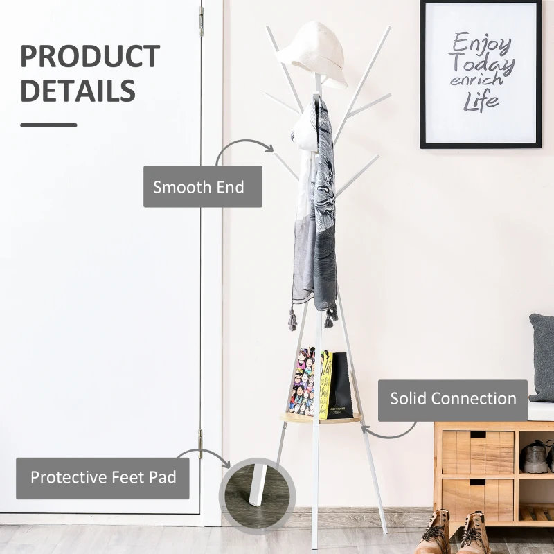 HOMCOM Freestanding Metal Coat Rack Stand 9 Hooks Clothes Tree with 1 Shelf Hat Display Hall Tree Hanger Bag Umbrella Hanging Organiser White