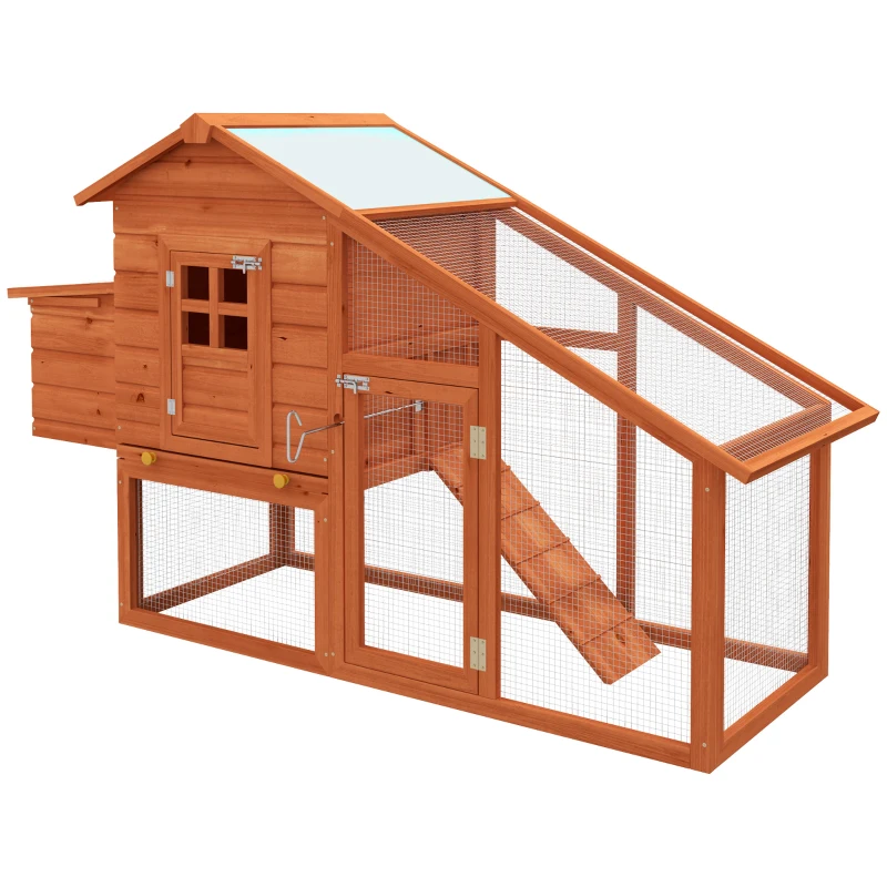 PawHut Wooden Chicken Coop with Run, Nesting Box, Slide-out Tray, Ramp, Perches, Asphalt Roof, 179 x 67 x 115cm