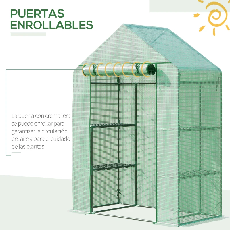 Outsunny Invernadero de Jardín 141x72x191 cm Vivero Casero con 4 Estantes Puerta Enrollable Cubierta de PE 140g/m² y Marco de Acero para Cultivos Plantas Macetas Flores Verde