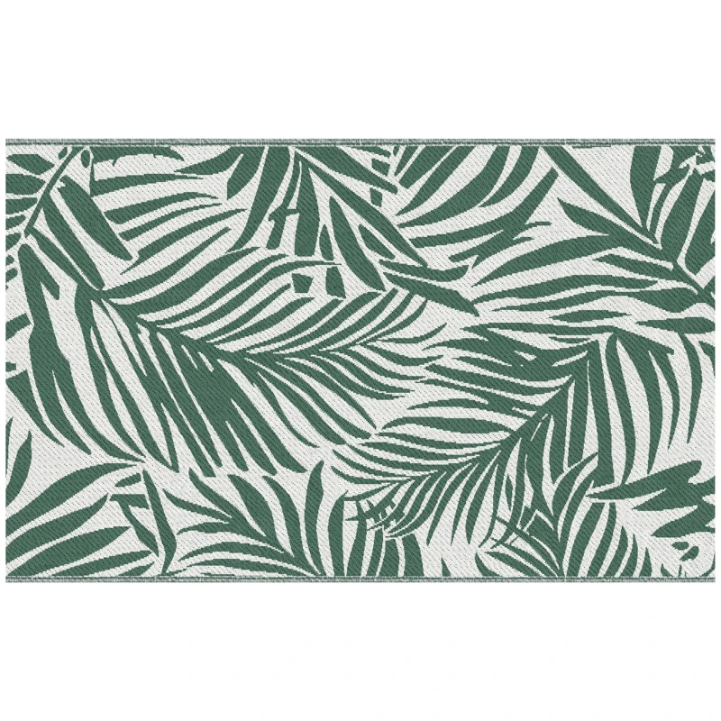 Outsunny Alfombra Reversible 152x243 cm con Patrón de Hojas para Terraza Balcón Patio Camping Playa Verde Oscuro y Blanco