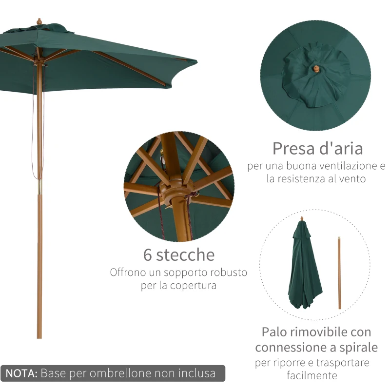 Outsunny Ombrellone da Giardino 2.5x2.3m a 6 Stecche, in Legno e Poliestere, Verde Scuro