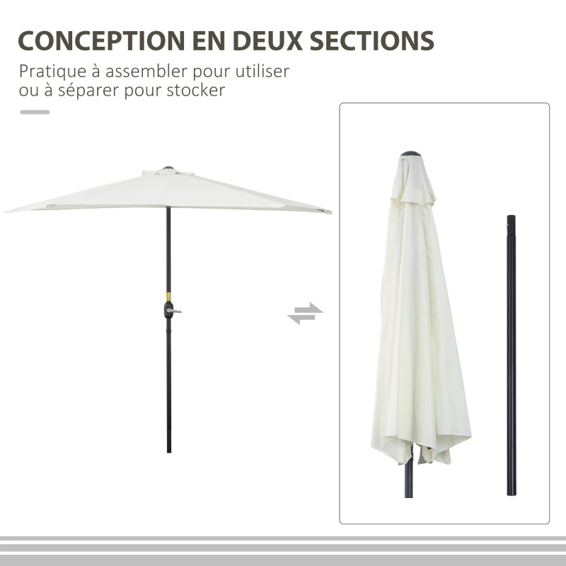 Outsunny Demi-Parasol Ø 2,7 m parasol de balcon 5 entretoises métal polyester crème