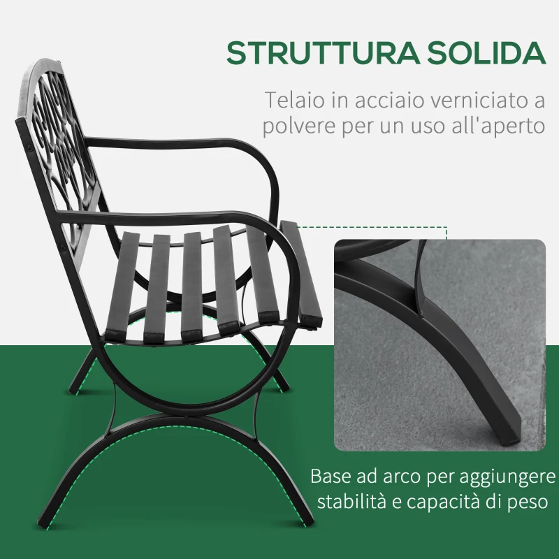Outsunny Panchina da Giardino 2 Posti in Acciaio e Ghisa con Braccioli e Decorazione, 128x58.5x85cm, Nero