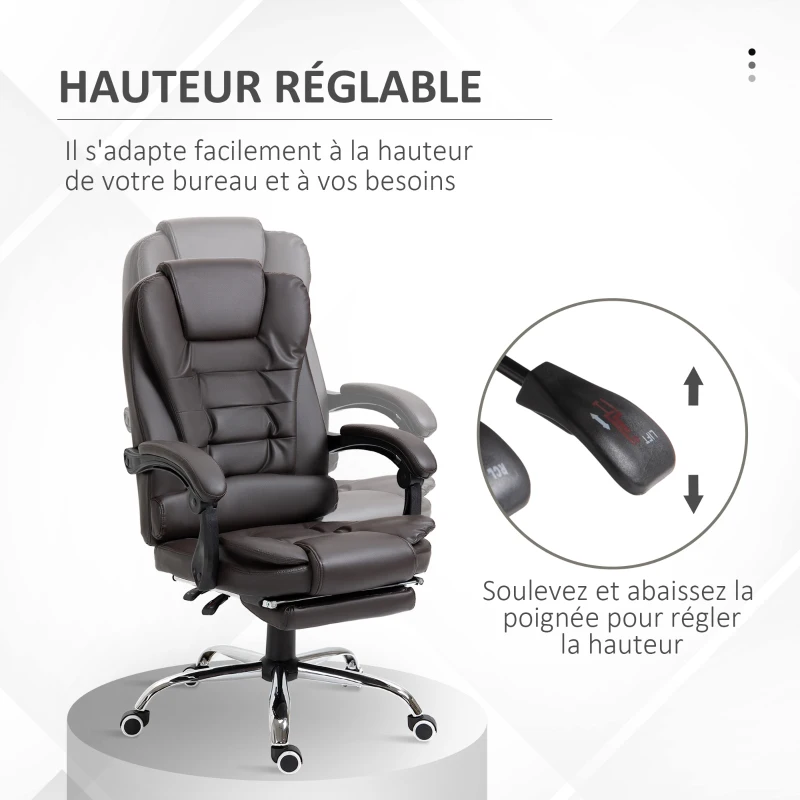 HOMCOM Fauteuil de bureau fauteuil manager grand confort dossier inclinable roulettes P.U 65 x 69 x 127 cm chocolat