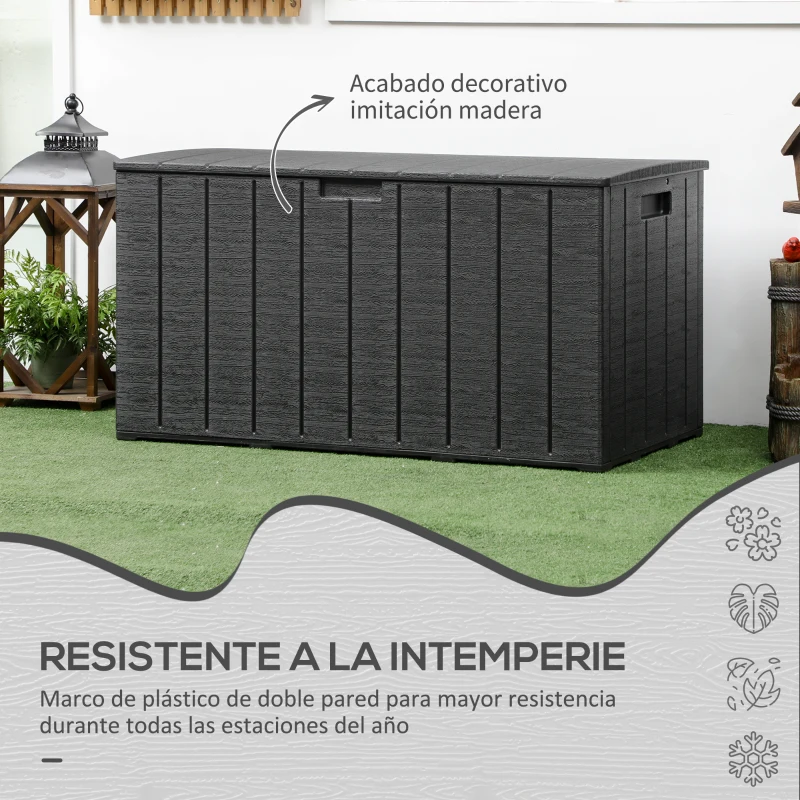 Outsunny Baúl de Exterior 366L Arcón para Jardín de Plástico de Doble Pared con Ruedas y Asas 122,4x62x64,5 cm Negro