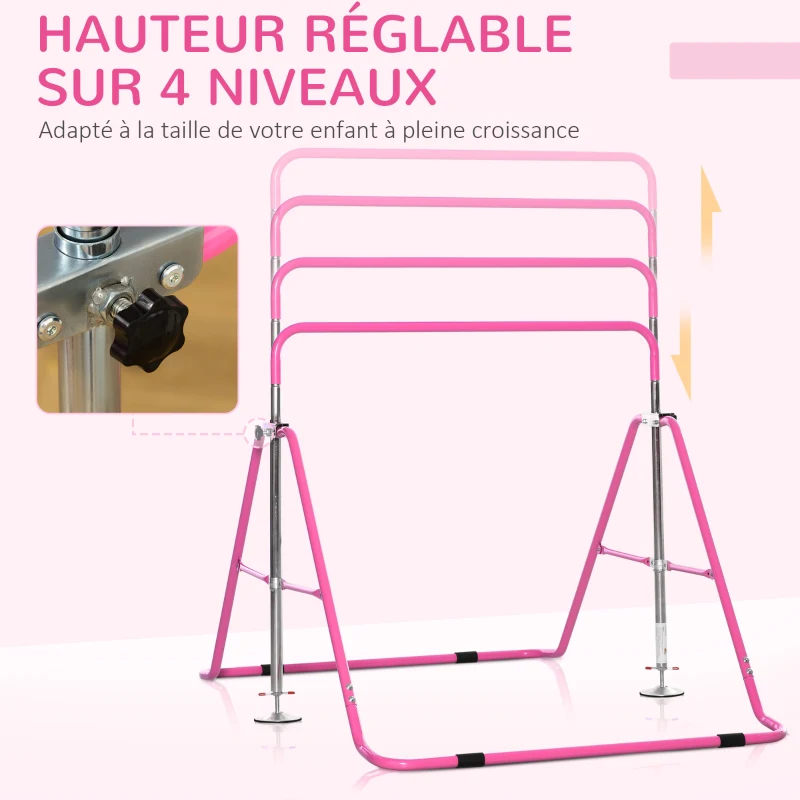 HOMCOM Barre Fixe de Gymnastique pour Enfants Pliante - Hauteur réglable de 88 à 128 cm - avec Base Triangulaire en Acier - Rose