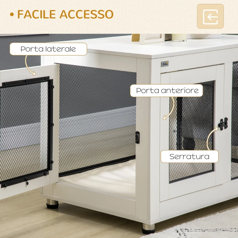 PawHut Casetta per Cani Taglia Grande con 2 Porte Bloccabili e Cuscino Lavabile, 94x60x71.5 cm, Bianco