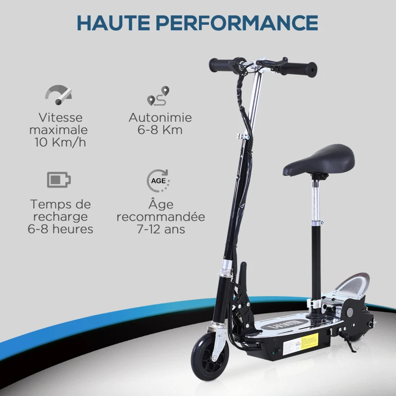 HOMCOM Trottinette électrique 120 W pliable pour enfant de 7 à 12 ans hauteur guidon et selle réglable 10 Km/h max. noir
