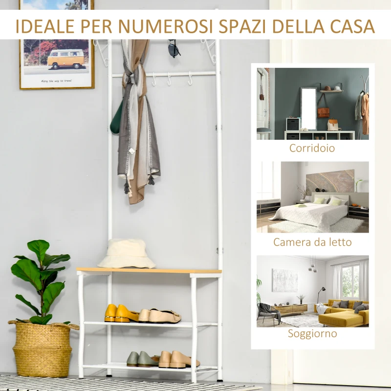 HOMCOM Stand Appendiabiti Attaccapanni per Ingresso Scarpiera a 2 Ripiani 5 Ganci Metallo 60 × 35 × 175cm Bianco e Color Legno